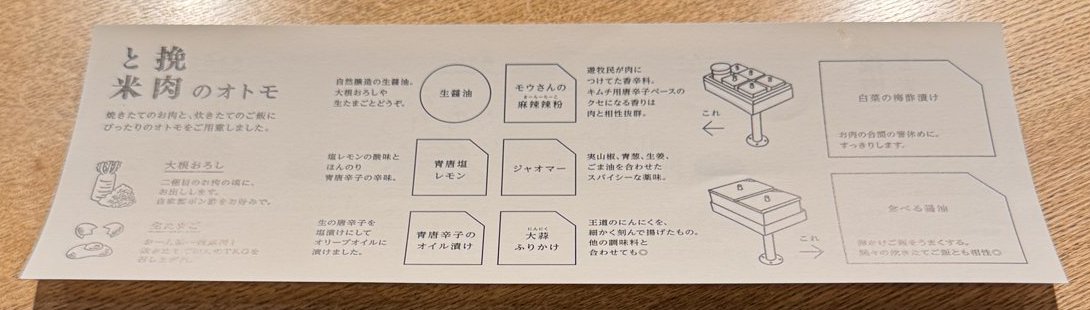 挽肉と米のオトモの札。生醤油・麻辣辣粉・青唐塩レモン・ジャオマー・青唐辛子のオイル漬け・大蒜ふりかけが並ぶ